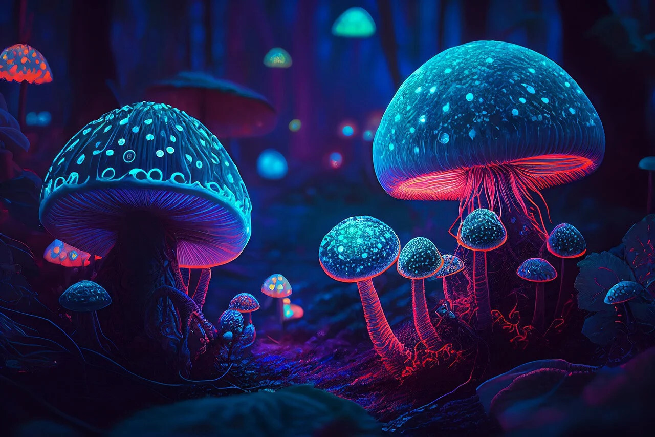 Photo de l'activité scientifique : bioluminescence avec des champignons phosphorescents dans les tons de bleu, violet et noir